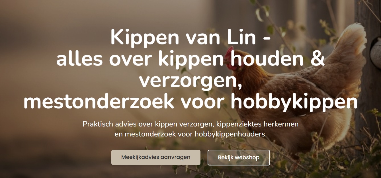 Website banner van Kippen van Lin over kippen houden, kippenverzorging en mestonderzoek voor hobbykippen.